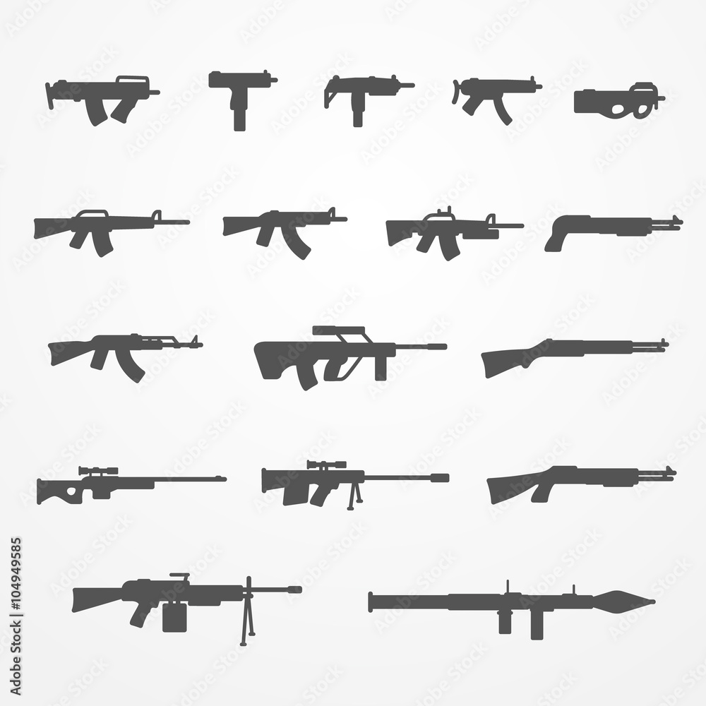 Set of gun and weapon icons in silhouette style. Guns, machine guns, shotguns and rifles. Guns stock vector image.