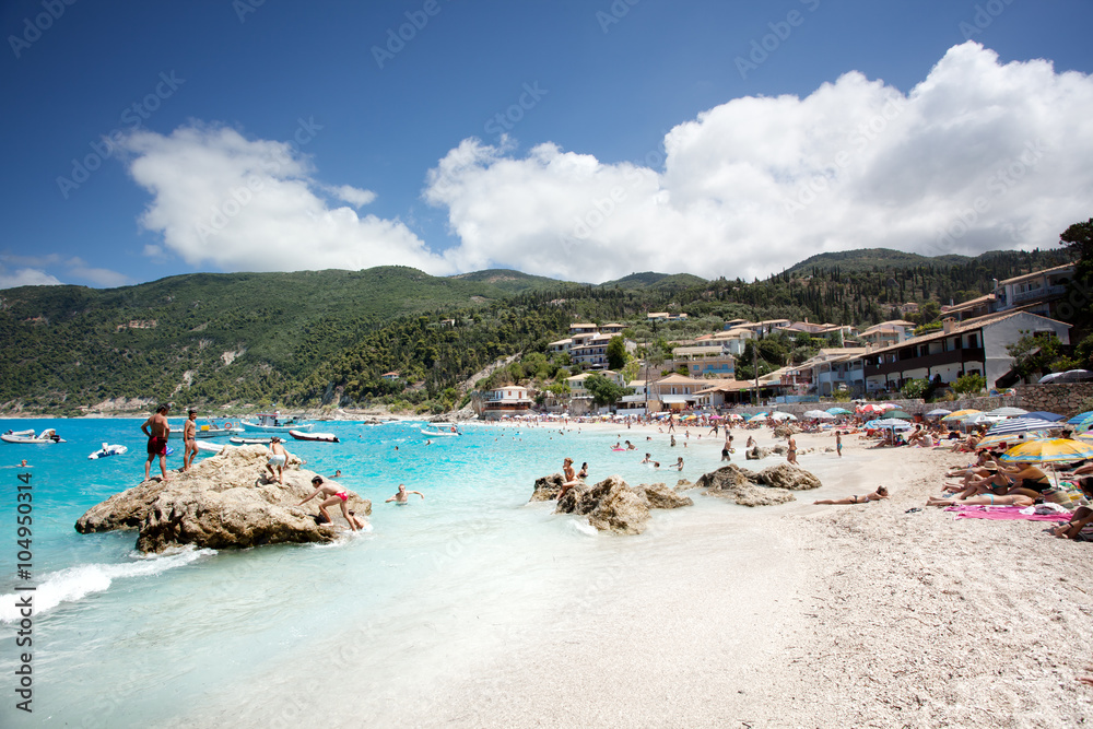 Beautiful Mediterranean beach placed next to the small Agios Nikitas village on Lefkada island. Greece. Europe. Beautiful Mediterranean beach placed next to the small Agios Nikitas village on Lefkada island. Greece. Europe.