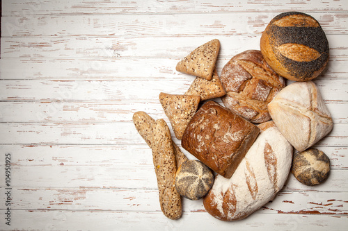 Bread assortment on wooden surface