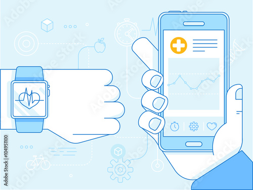 Vector flat linear illustration in blue colors