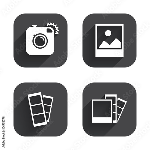 Photo camera icon. Flash light and landscape.