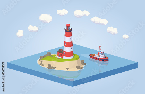 Lighthouse and tugboat. 3D lowpoly isometric vector concept illustration