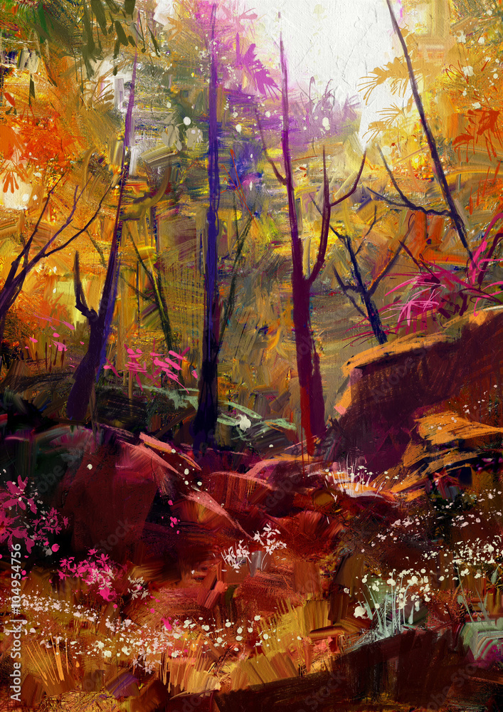 Naklejka premium landscape painting of beautiful autumn forest with sunlight
