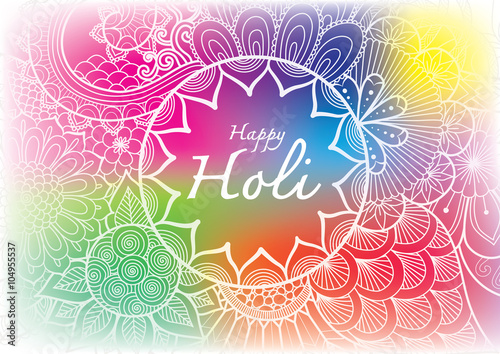 Happy Holi word inside the floral mandala flowers line art with blurred Holi powder paint clouds background for banner, poster and so on