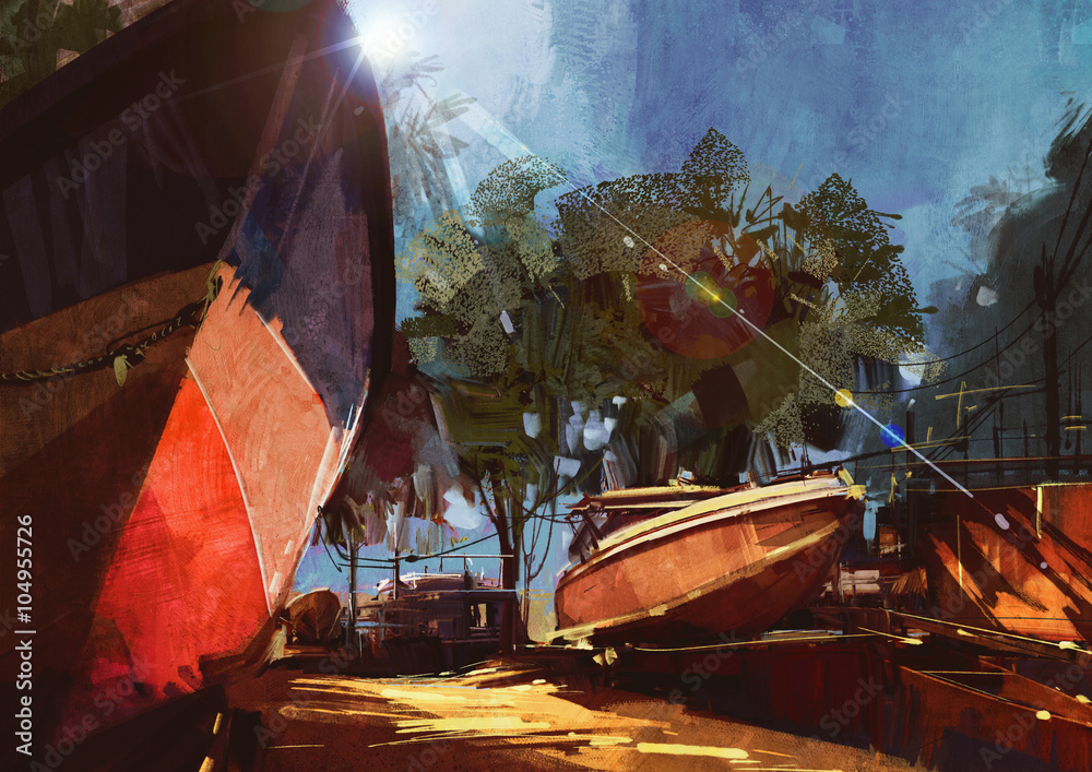 Fototapeta premium painting of boat at the dock for repairs at seaside