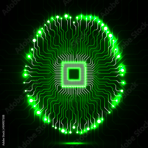 Neon brain. Cpu. Circuit board. Abstract technology background