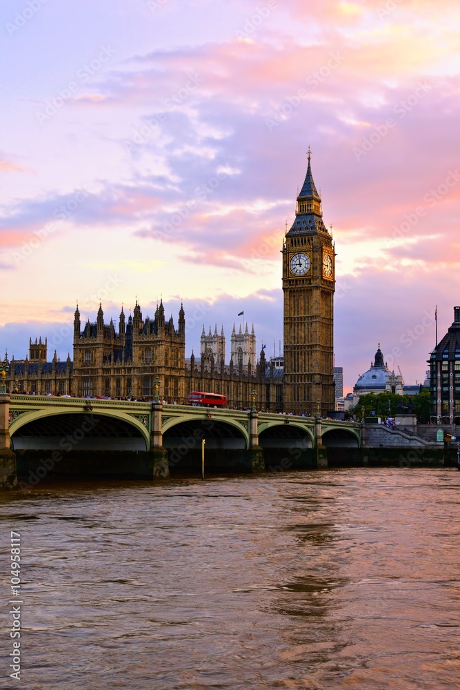 Sunset over Big Ben and the Parliament buildings across the River Thames, London, England
