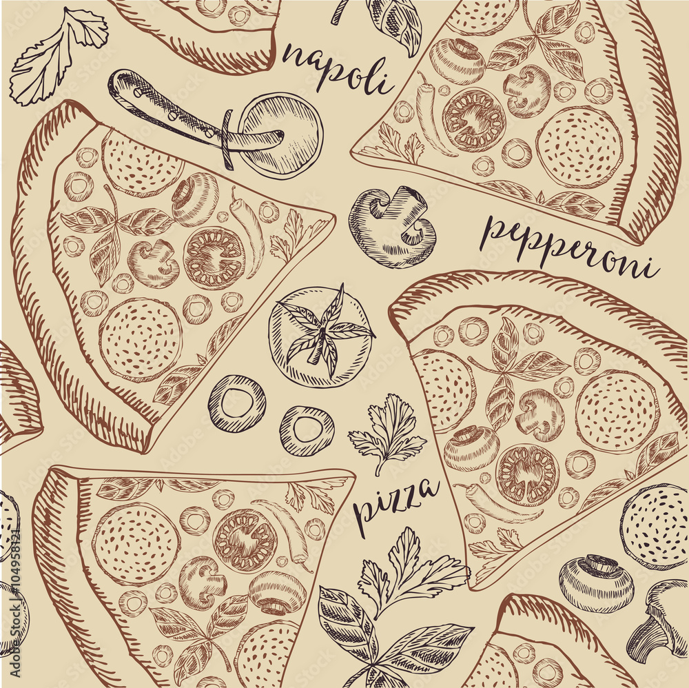 Pizza seamless pattern background. 