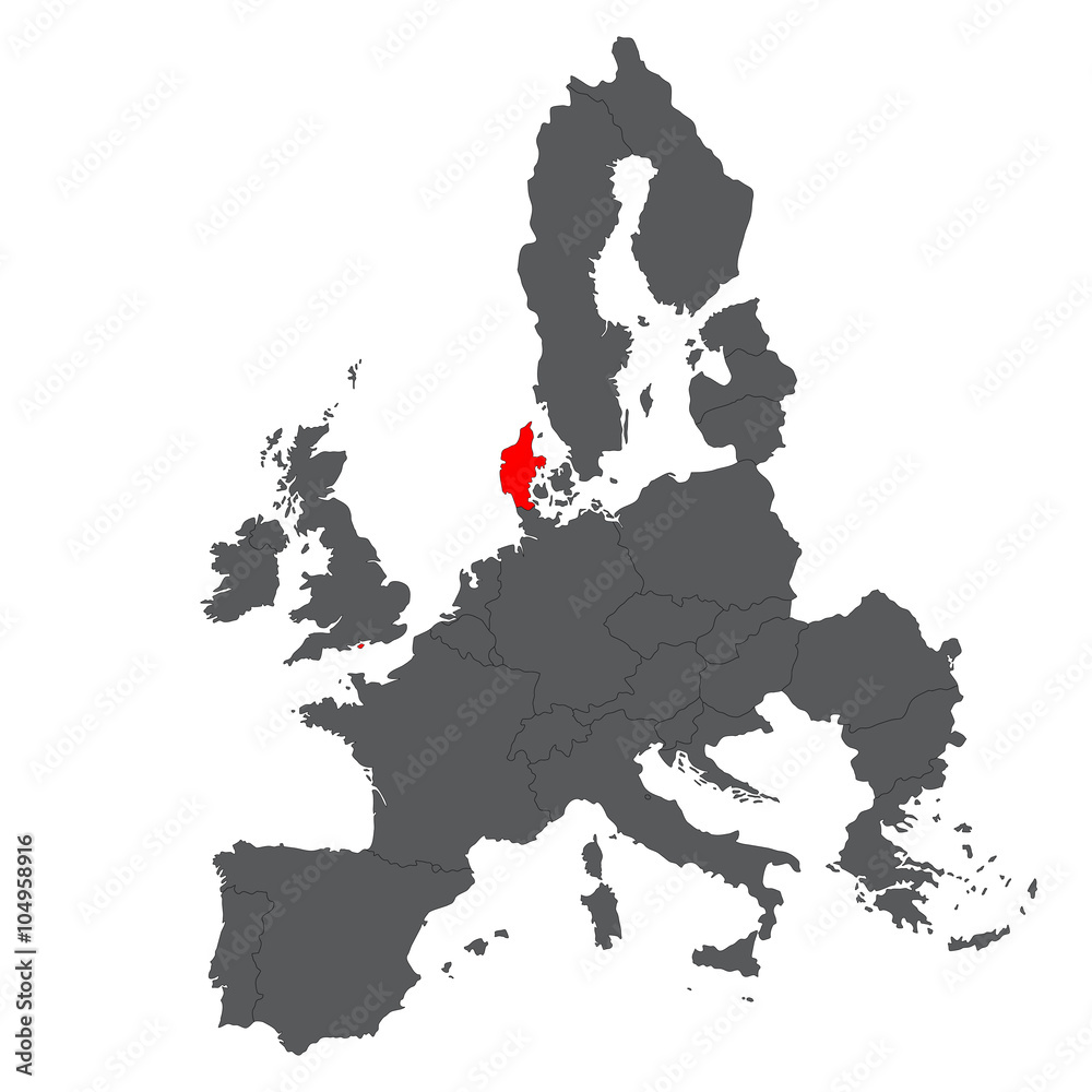 Denmark red map on gray Europe map vector