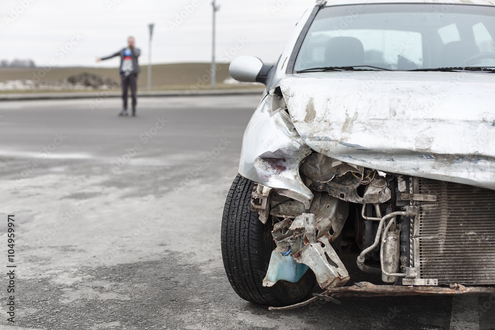 broken car after the accident in foreground broken car after the accident in foreground