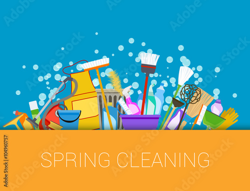 Spring cleaning background. Set of cleaning supplies