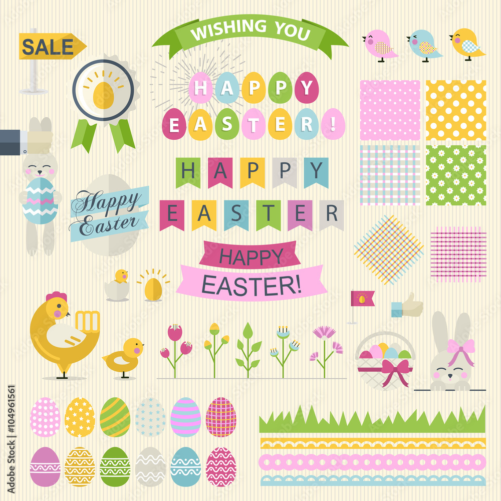 Happy Easter Set in flat style .Vector collection for easter design. Happy Easter.Easter design elements. Themed design with holiday elements in stylish colors.