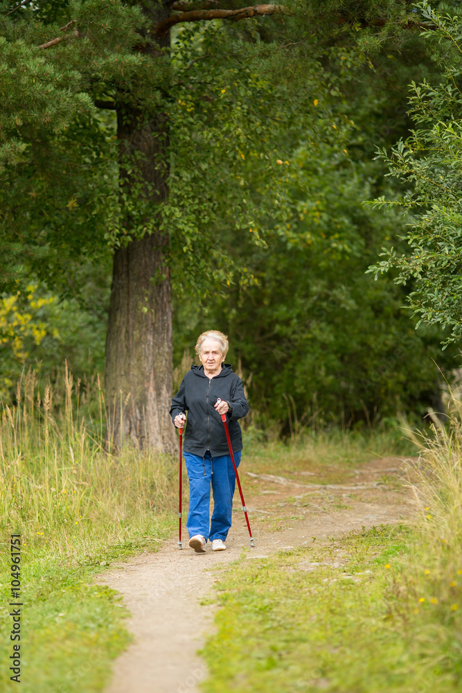Fototapeta premium An elderly woman is engaged in Nordic walking in the nature.