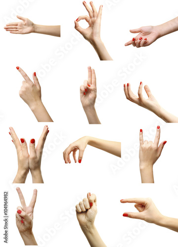 Set of female hands gestures, isolated on white