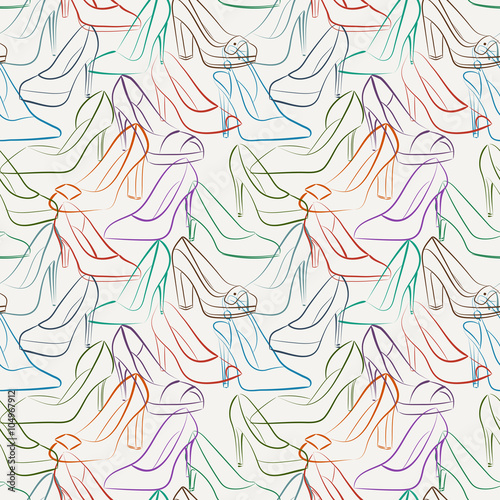 Vector seamless pattern of various women's shoes