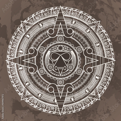 Vector circular pattern in the style of the Aztec calendar stone