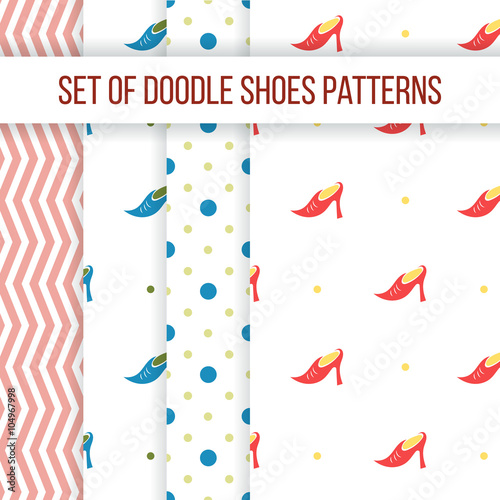 Set of four vector seamless patterns with women's shoes, dots and zigzags
