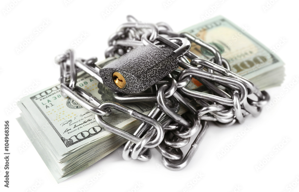 Dollars currency with lock and chain, isolated on white Dollars currency with lock and chain, isolated on white