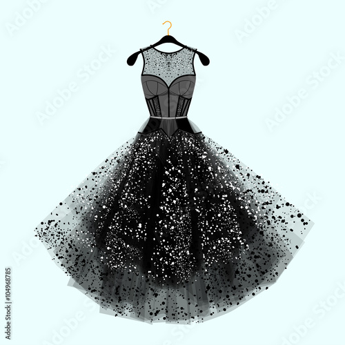 Beautiful party dress. Black dress with  rhinestones. Fashion illustration