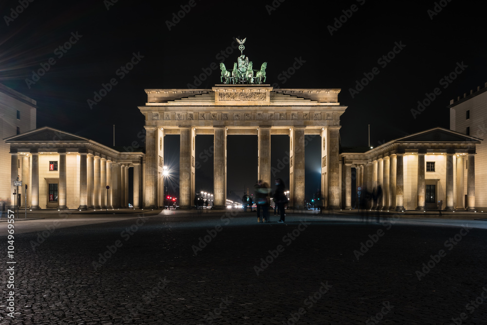 The Brandenburg Gate is an 18th-century neoclassical triumphal arch in Berlin, Germany. Night illumination.