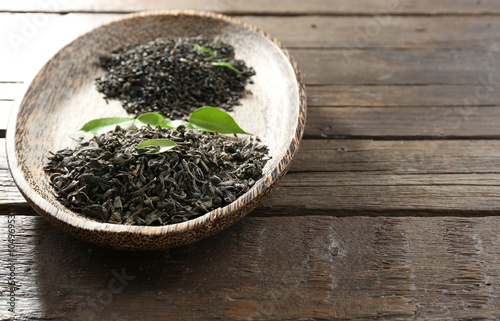 Dry tea in plate with green leaves on wooden table background