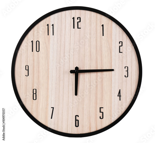 Round wooden wall clock, isolated on white photo