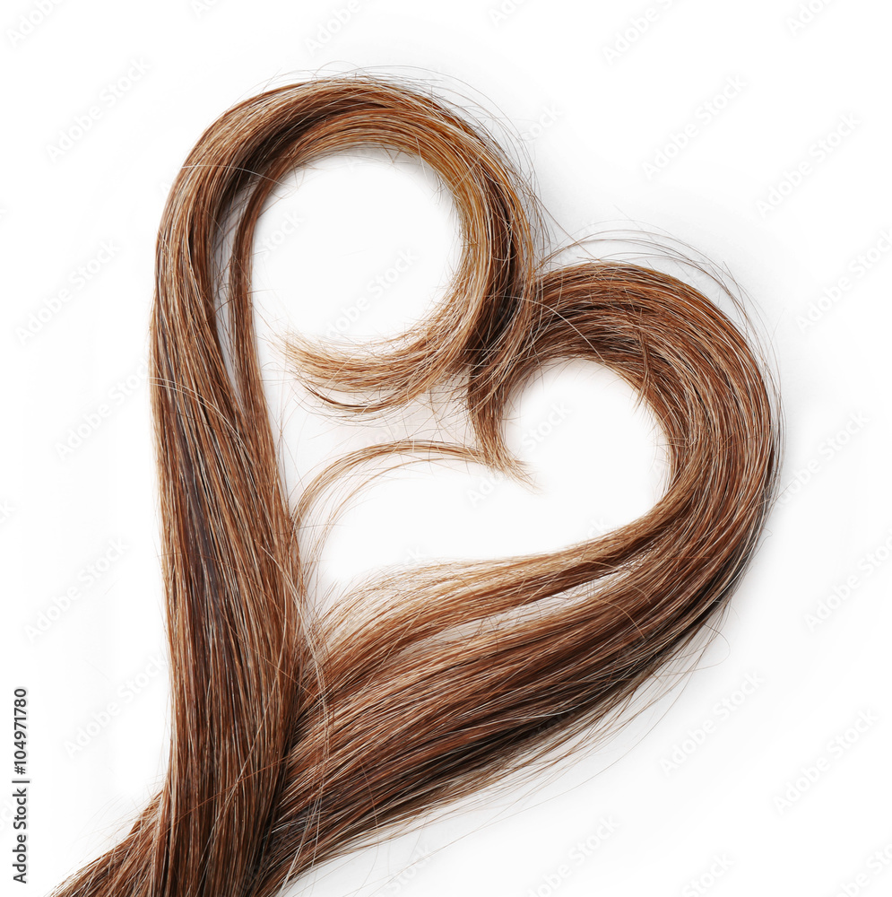 Strands of brown hair in shape of heart, isolated on white - obrazy, fototapety, plakaty 