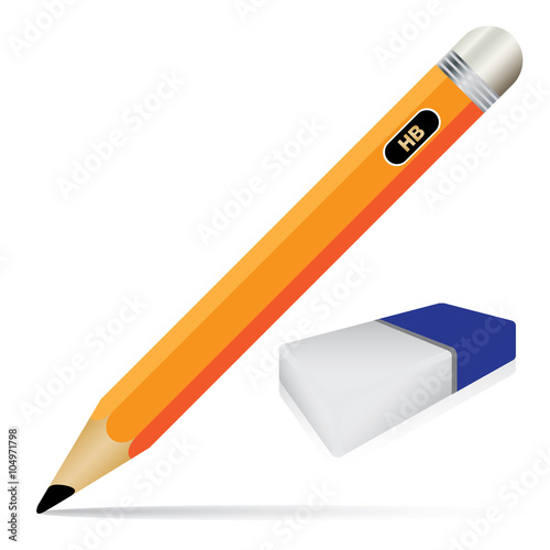 Pencil and eraser isolated on white background. Vector object tool for office and school.