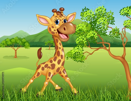 Cartoon giraffe character on jungle background