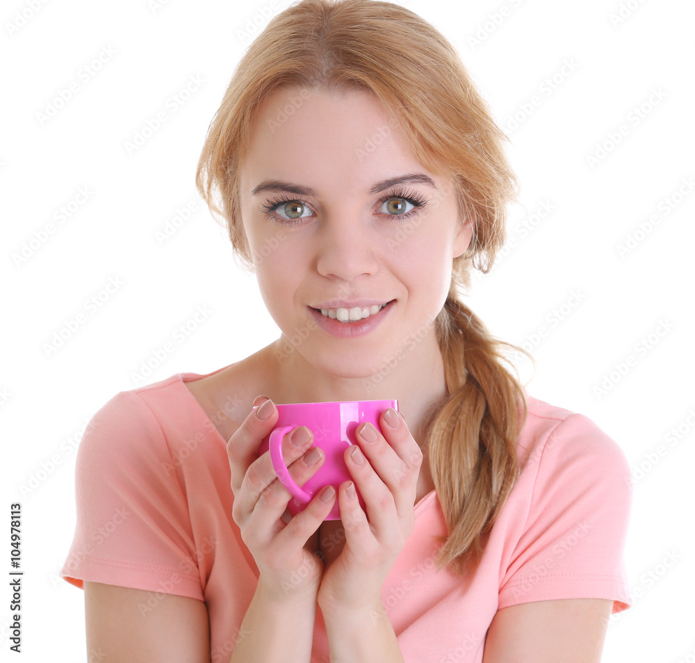 Beautiful girl enjoying a cup of tea, isolated on white Beautiful girl enjoying a cup of tea, isolated on white