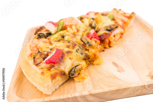 Seafood pizza on white isolated background