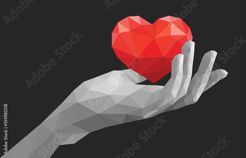 polygonal left hand keeps the heart Opened monochrome black