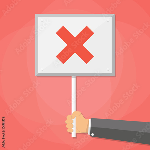 Cartoon Businessman hand hold sign with cross. negative checkmark in center. wrong choice concept, vector illustration flat design on red background.