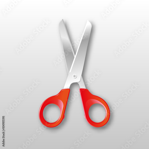 Realistic Steel silver scissors red plastic handles with shadow isolated on white background. vector illustration