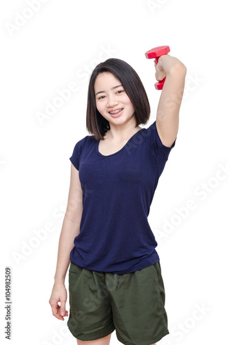Young Asian girl smiling between exercising over white