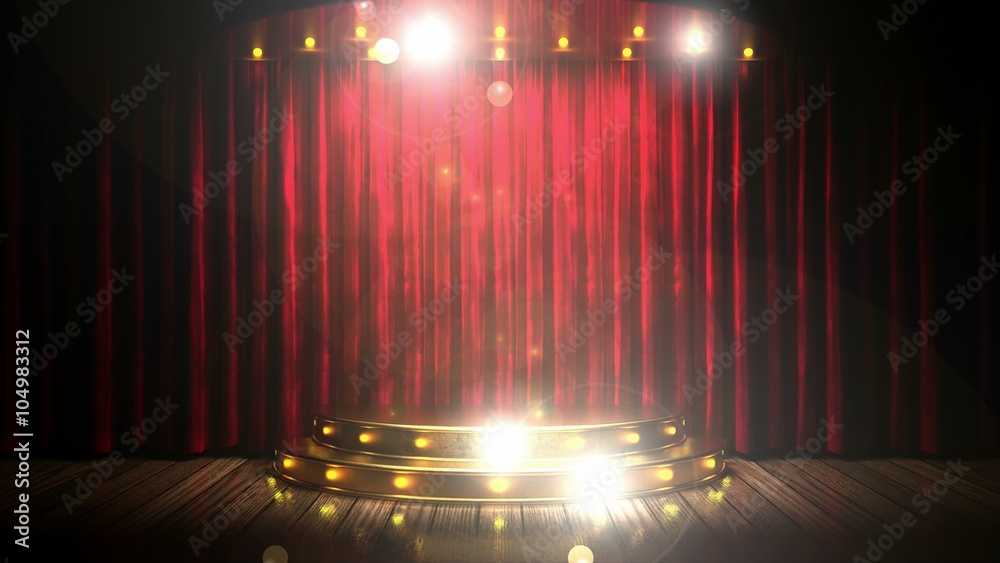 red curtain stage with golden podium and loop lights