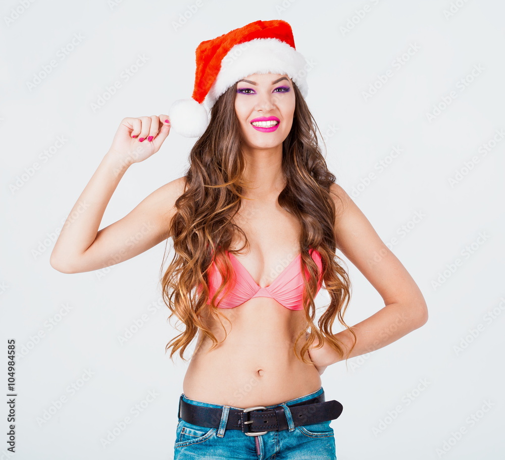 Angelica, pink bikini red hat lollipop white background!