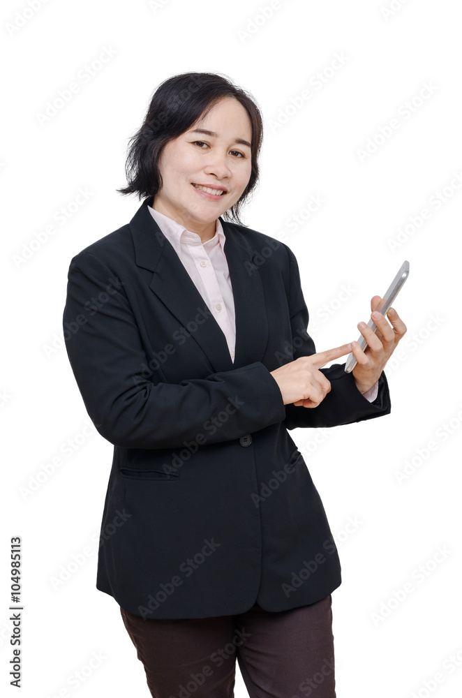 Asian businesswoman smiles over white background Asian businesswoman smiles over white background