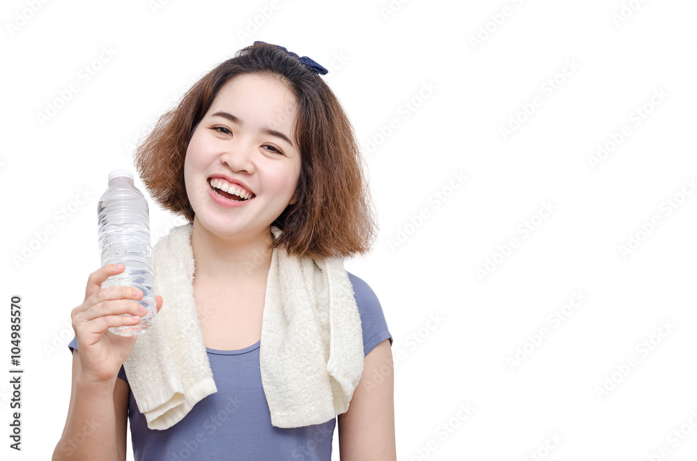 Young Asian girl holding drinking water bottle over white Young Asian girl holding drinking water bottle over white