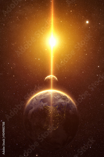spectacular sunrise view over Planet Earth and moon