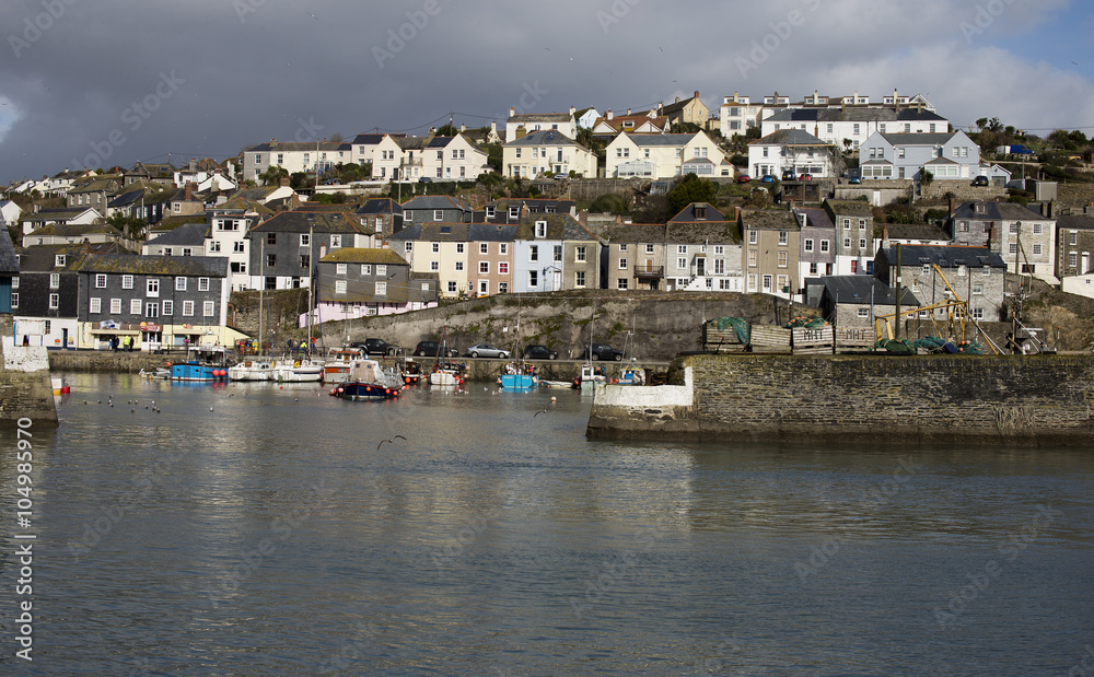 The colorful houses of Mevagissey, town and harbour, Cornwall, England, UK.