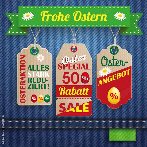 Preisschilder mit einem Band auf Jeans - Osterangebot
