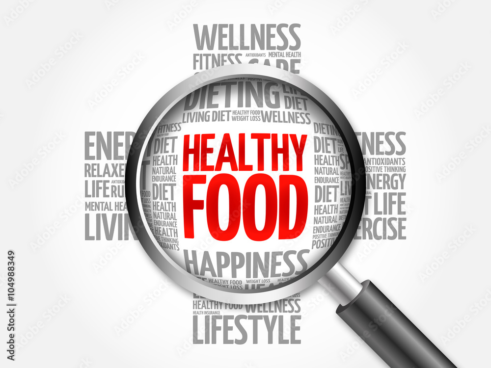 Healthy Food word cloud with magnifying glass, health concept Healthy Food word cloud with magnifying glass, health concept