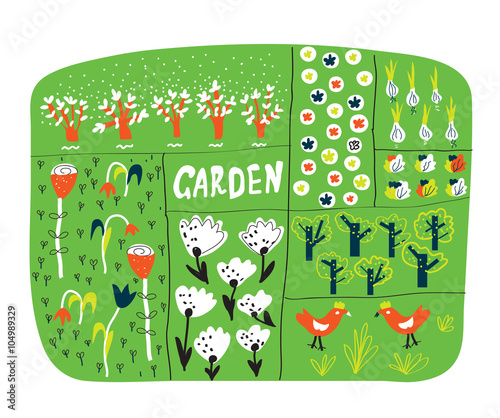 Garden plan with beds funny illustration