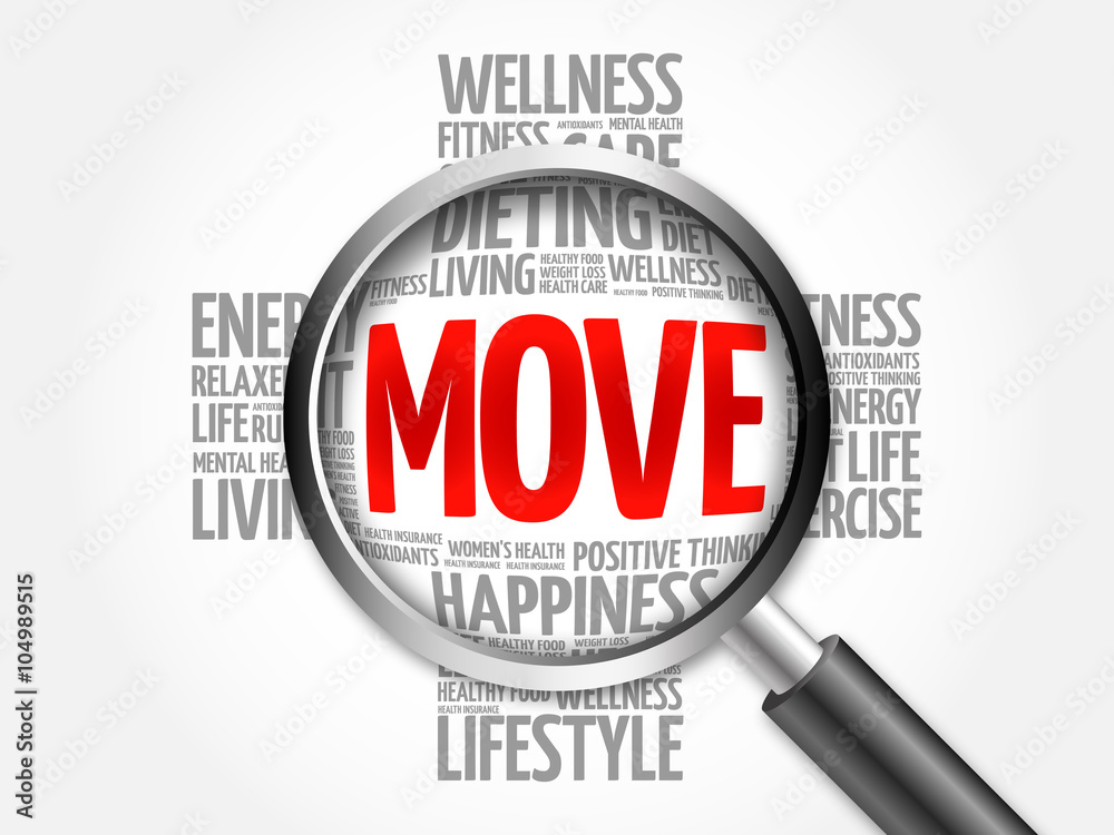 MOVE word cloud with magnifying glass, health concept MOVE word cloud with magnifying glass, health concept