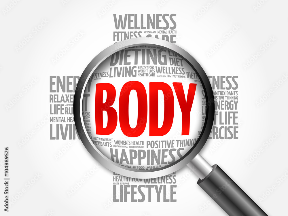 BODY word cloud with magnifying glass, health concept BODY word cloud with magnifying glass, health concept
