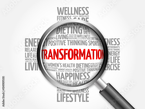 TRANSFORMATION word cloud with magnifying glass, health 