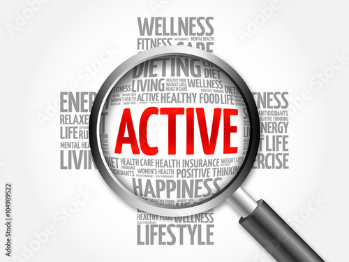 ACTIVE word cloud with magnifying glass, health concept