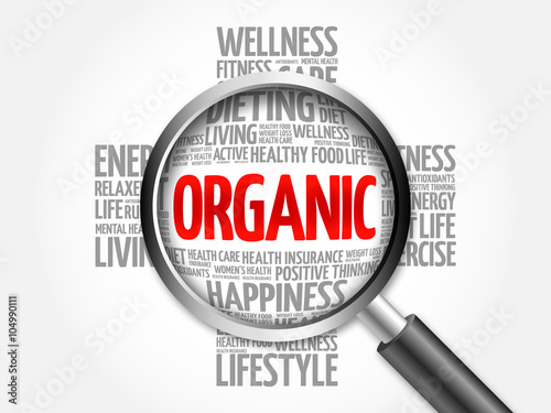 ORGANIC word cloud with magnifying glass, health concept