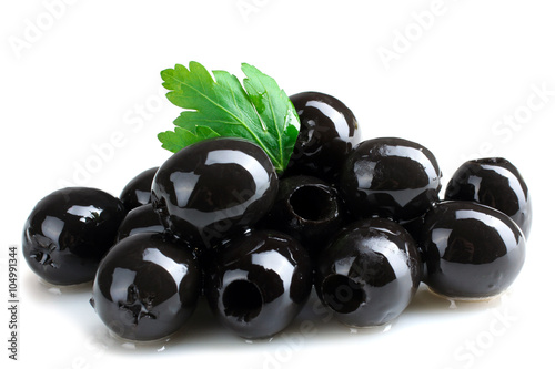 a bunch of delicious and healthy olives pitted with green leaf isolated on white background